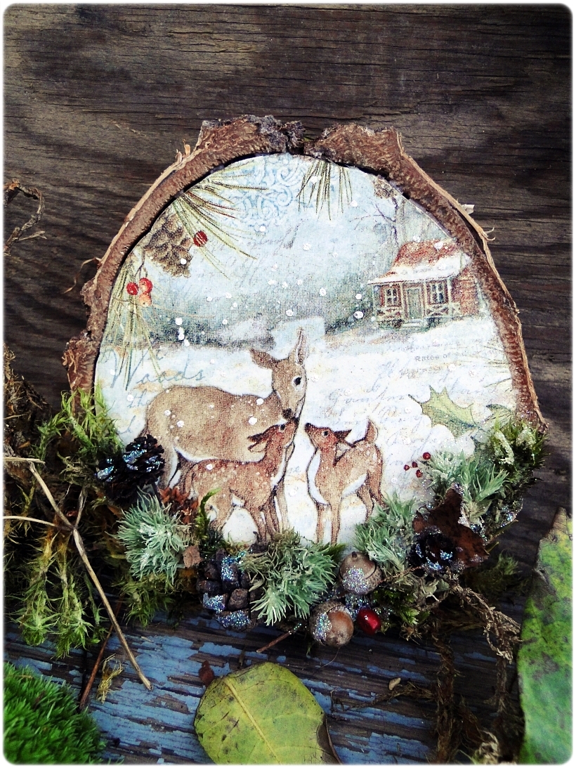 Dekoracja świąteczna na drewnie brzozowym Sarenki 1
