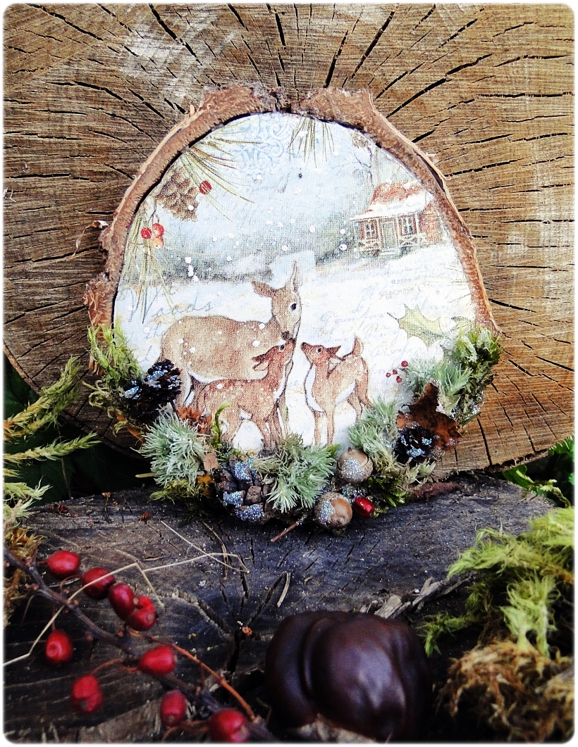 Dekoracja świąteczna na drewnie brzozowym Sarenki 6